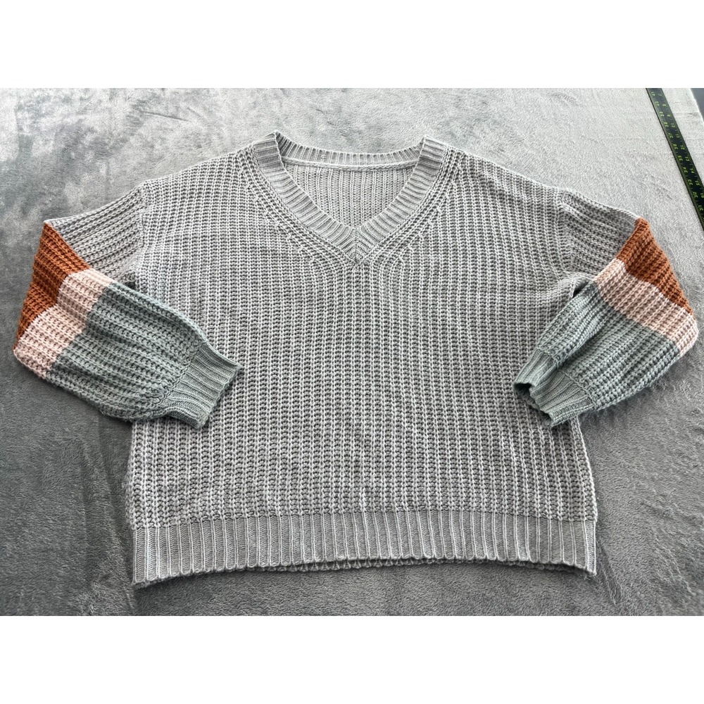 Preppy Grey Color Block Crop V Neck Sweater Womens L Relaxed Knit Pullover